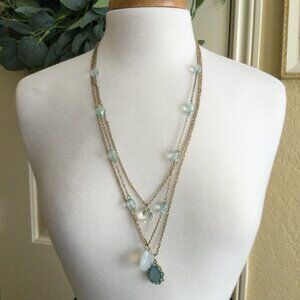 Ladie's Three-Layered Gold Tone and  Aquamarine-tone Beaded Necklace